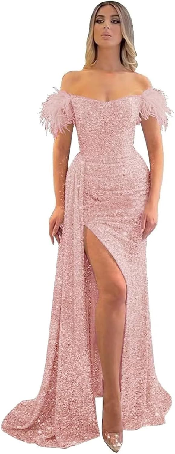 Dymaisei Women's Sequin Mermaid Long Feather Prom Dress 2023 Backless Formal Party Dress