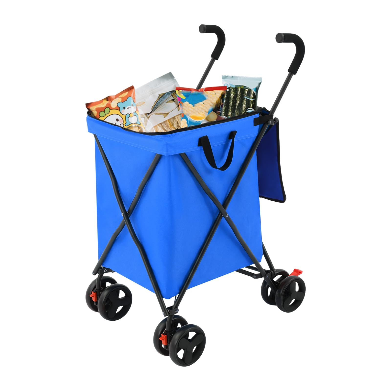 Carrello pieghevole con borsa da 38 l, portata fino a 70 kg, con ruote anteriori orientabili e freni, per shopping, campeggio, animali domestici (blu)