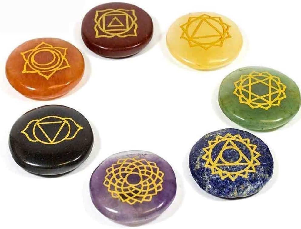 7 Chakra symbol Reiki Stone crystals set in an embroidered bag.