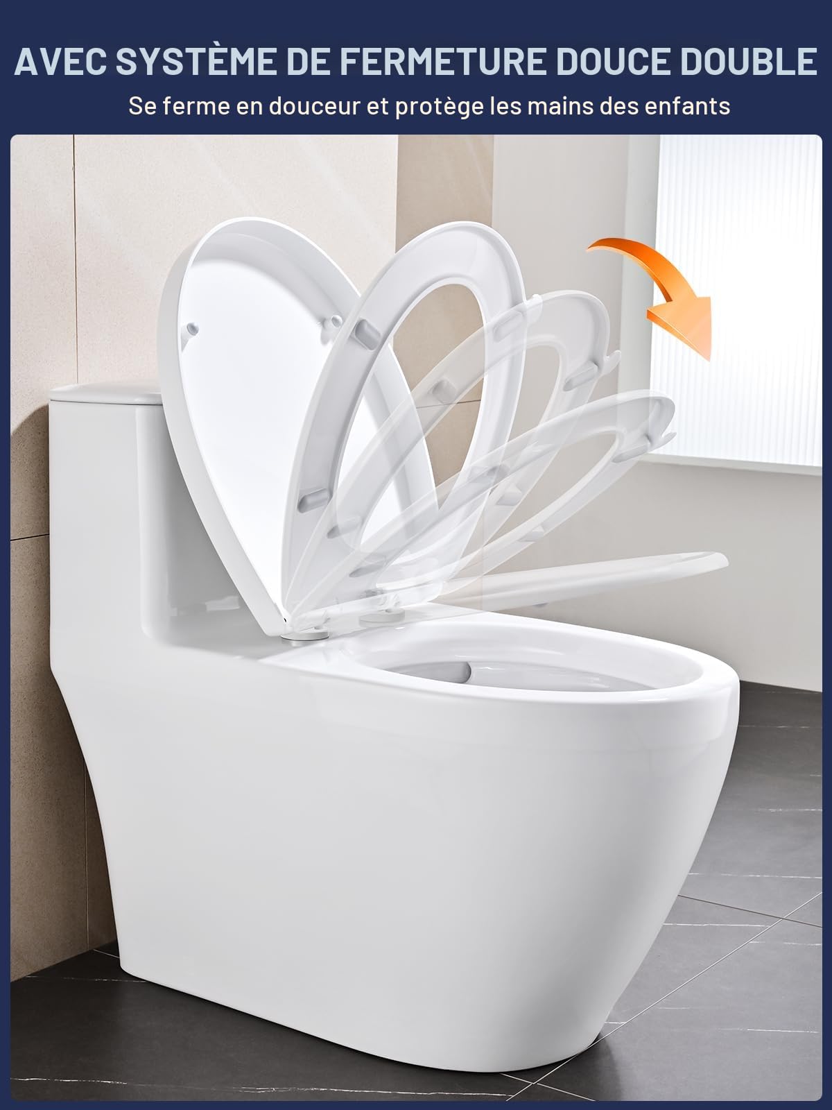 Abattant WC Forme O YEAUPE PRO avec Frein de Chute, Fermeture en Douceur, Universelle, Blanc, 44,6 x 37,2 x 4,3 cm