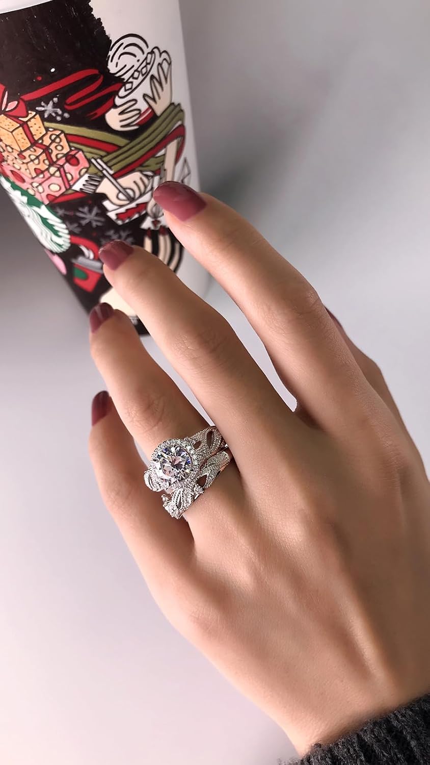 Jeulia 4 Carat Openwork Ring Sets for Women 925 Sterling Silver Wedding Sets Rose Gold Round Cut Halo Engagement Ring White Diamond band CZ Solitaire Anniversary Promise Rings - Image 3