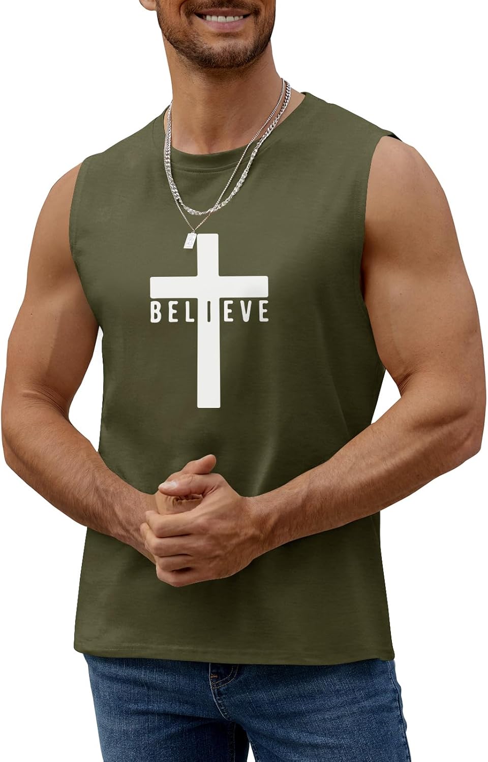 Men's Cotton Graphic Tank Tops Jesus Cross Believe Printed Faith Christian Shirts - Image 3