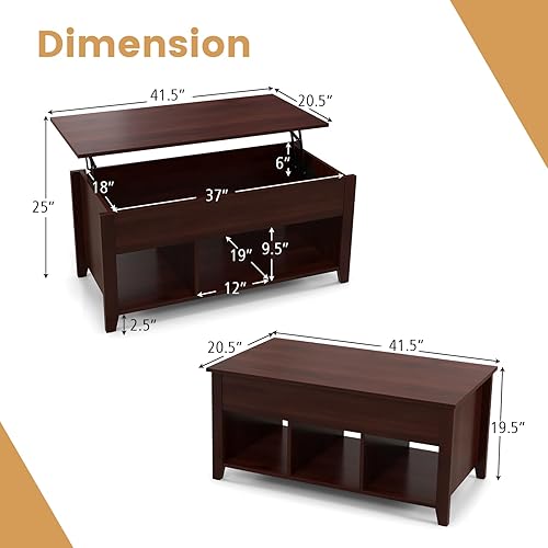 Miniatura 3 de Giantex Mesa auxiliar elevable, mesa rectangular de madera con compartimento oculto y estantes de almacenamiento abiertos, mesa central moderna