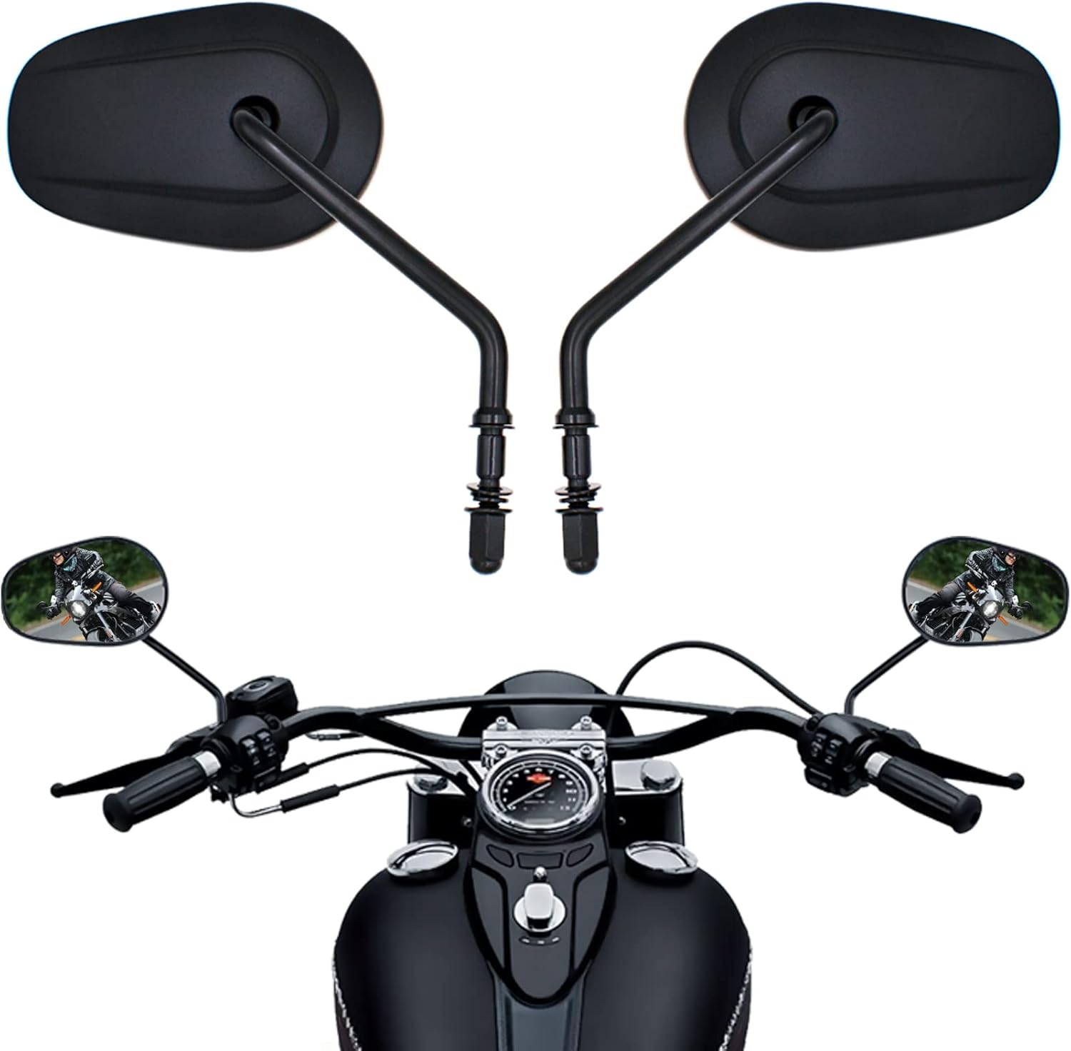 Handlebar Mount Mirrors,Left & Right Side Long Stem Rearview mirrors for 1982-2024 Harley Models,for CVO Dyna Electra Glide Road Glide Road King Softail Street Glide Sportster 1200 883,Black