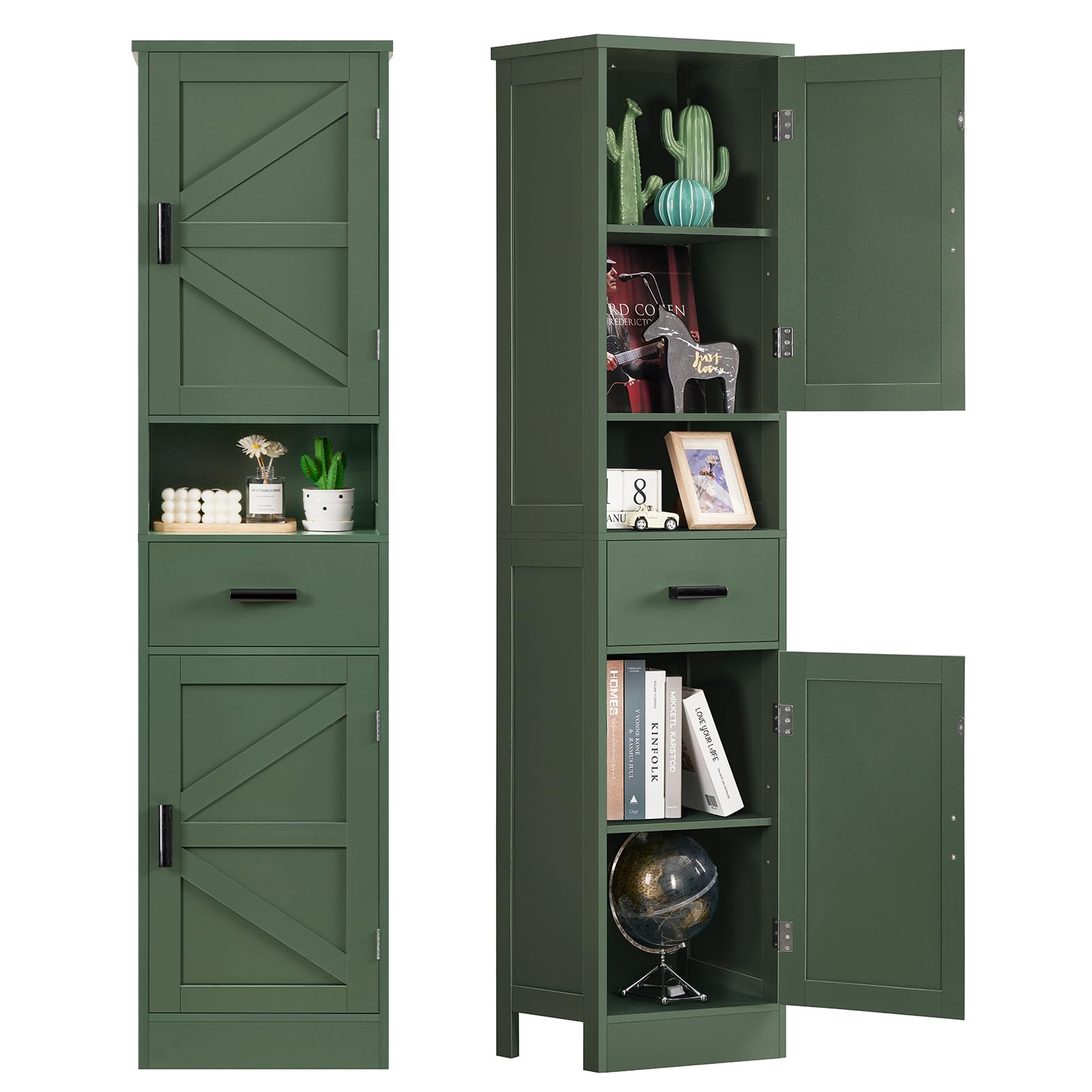 TEENFON 67" H Tall Bathroom Storage Cabinet with Barn Doors and Drawer