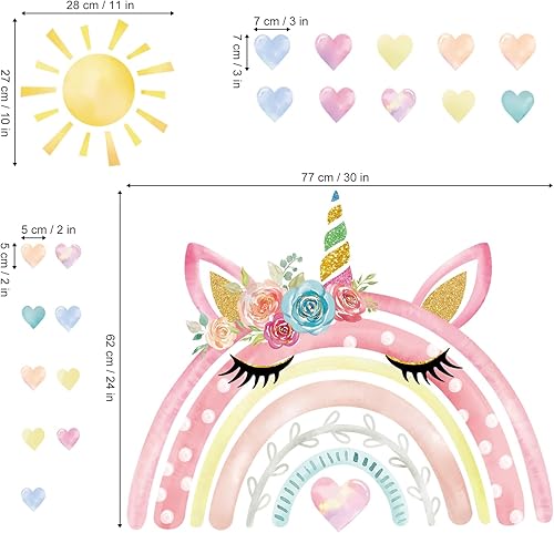 Miniatura 5 de wondever Calcomanías de pared grandes con diseño de arco iris de acuarela, diseño de unicornio y corazones de arco iris, calcomanías de arte para