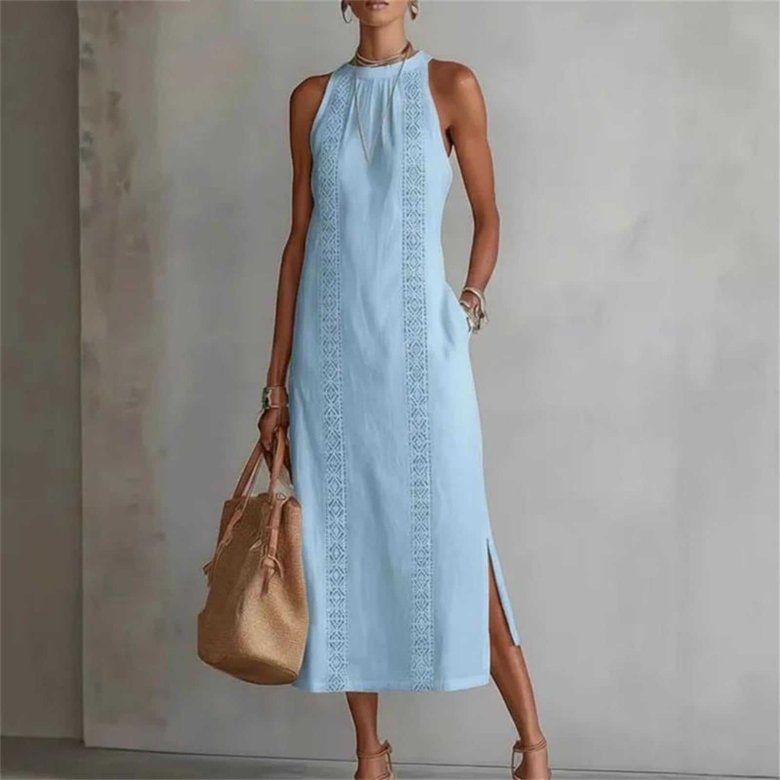 Generico Abiti Boho da Donna | Abito Estivo 2026 Senza Maniche con Collo all'Americana, Inserti in Pizzo e Tasche | Ideale per Vacanze e Tempo Libero