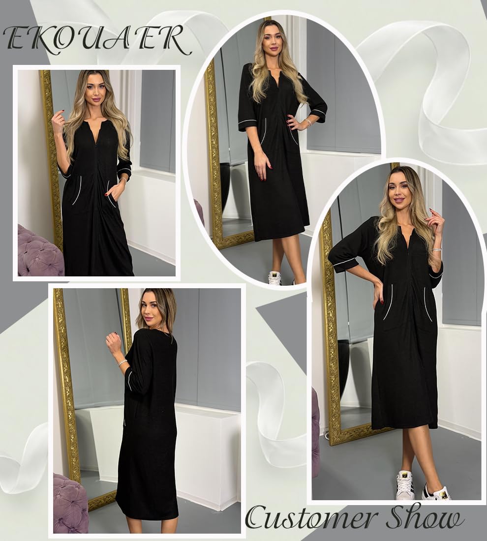 Ekouaer Zipper Robes for Women 3/4 Sleeve Bathrobe Lightweight House Coats for Women with Pockets Long Moo Moo Nightgown - Image 2