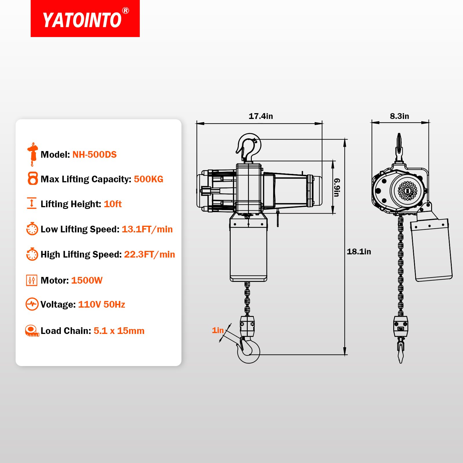 YATOINTO Polipasto eléctrico de cadena de 2 velocidades, 1100 libras, colgante de bajo voltaje de 5 V y control remoto, motor sin escobillas de 120 V, sistema de frenado doble, elevación de cadena G80