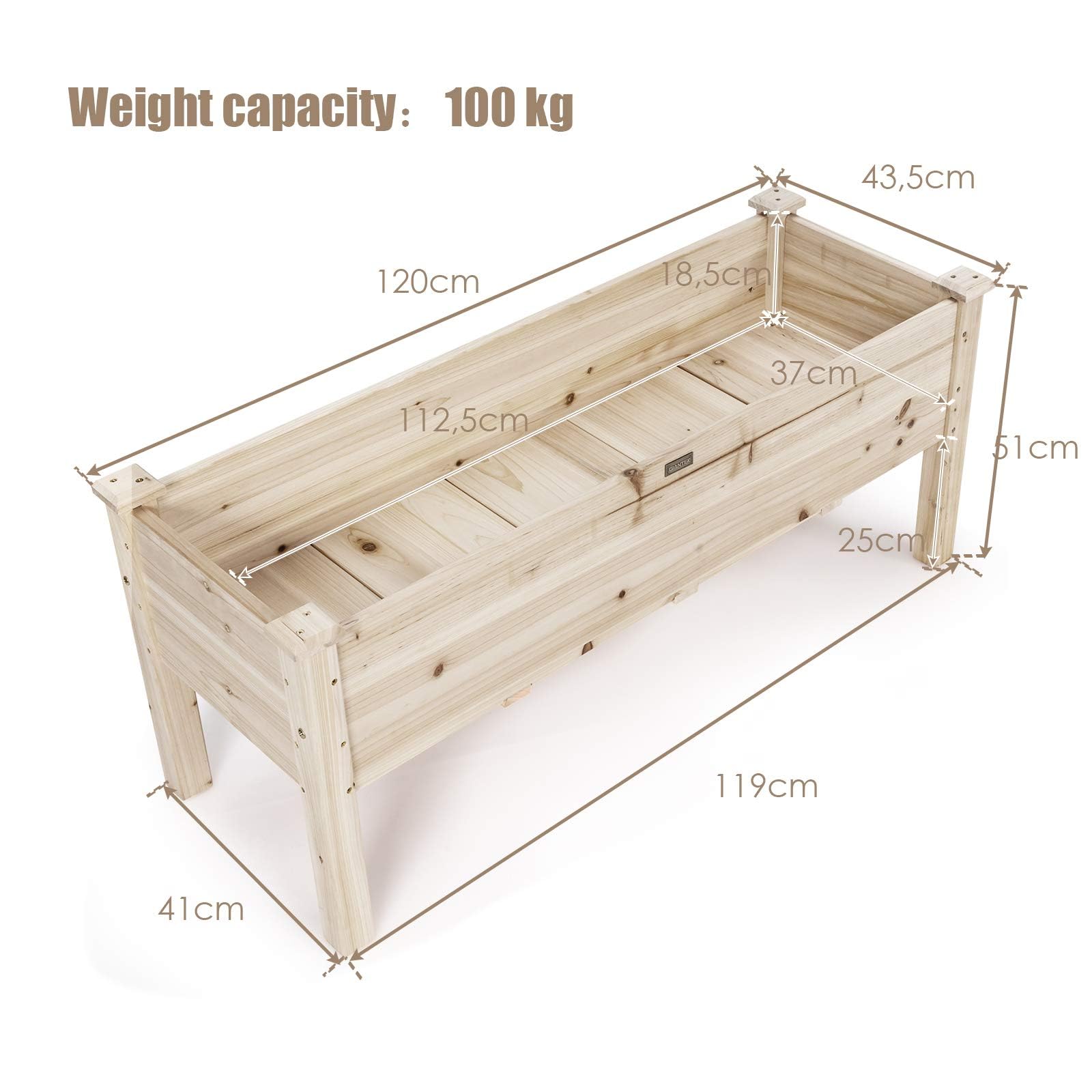 FANTASK Hochbeet aus Holz, Pflanzbeet für Kinder, 120x43,5x51cm, Pflanztrog belastbar bis 100 kg, Blumenkübel mit Ablauflöchern, Kräuterbeet rechteckig, Anzuchtbeet Garten Terrasse Balkon
