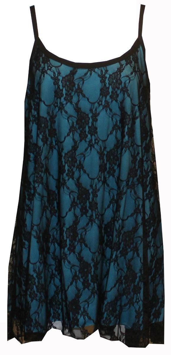 Womens Plus Size Floral Lined Lace Ladies Sleeveless Swing Flared Camisole Strappy Vest Top Dress Black & Turquoise 20-22