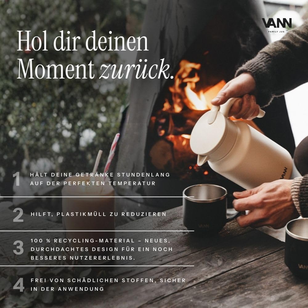 VANN Thermoskanne 1,5l - 3-fach Isolierkanne [24h warm, 36h kalt] | Thermoskanne aus zertifiziertem Edelstahl [BPA-frei] - Ideal als Teekanne oder Kaffeekanne - Auslaufsicher - Schwarz