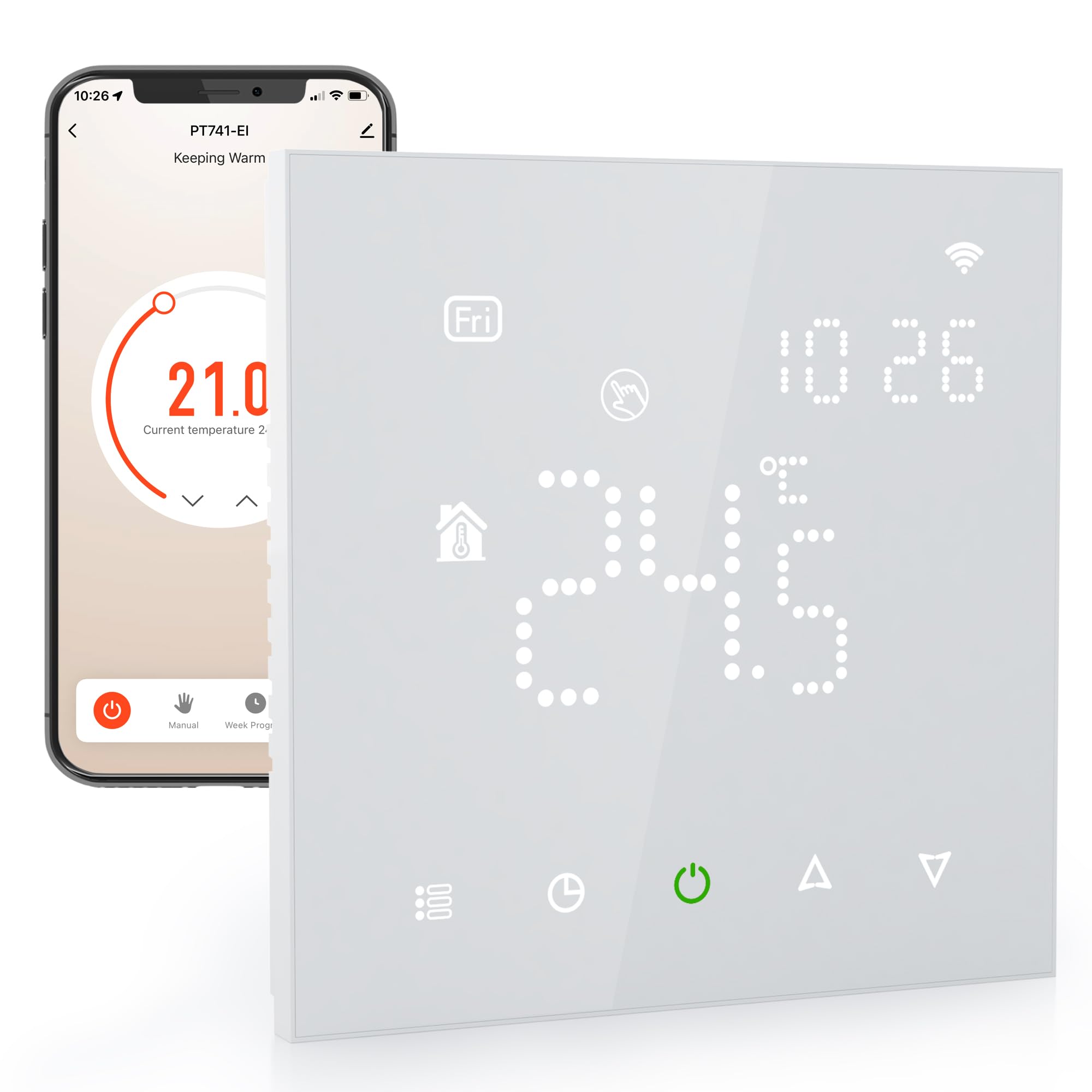 Elektrobock PT741W-EI Raumthermostat mit WiFi | Smartes Thermostat für Fußbodenheizung & Elektroheizung | 6 Programme/Tag | Geofencing & Fenster-Offen-Erkennung | 230V, 16A, Weiß