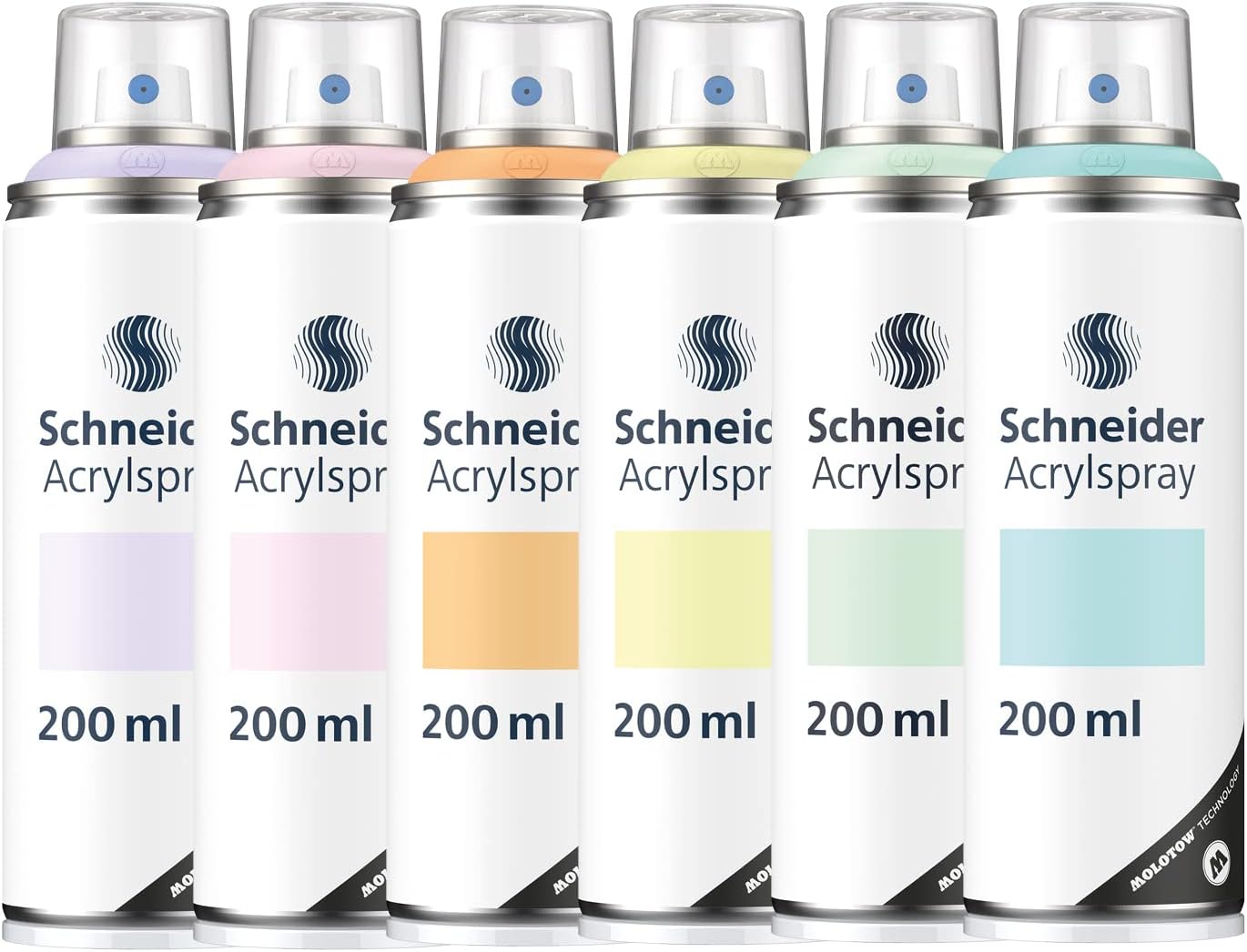 Schneider Paint-It 030 ML03060902 Acrylic Paint Pastel Set (6 Cans of High Coverage Spray Paint, UV-Resistant, 6 x 200 ml, Acrylic Spray for Almost All Surfaces) 6 Different Pastel Colours