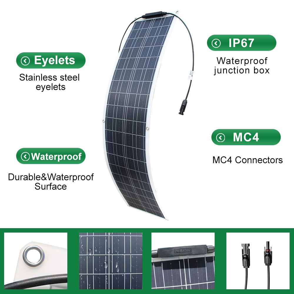 Pannello solare flessibile 200 W 12 V monocristallino caricatore solare impermeabile e ultra sottile per camper, barche, abitazioni e superfici irregolari (50 W x 4)