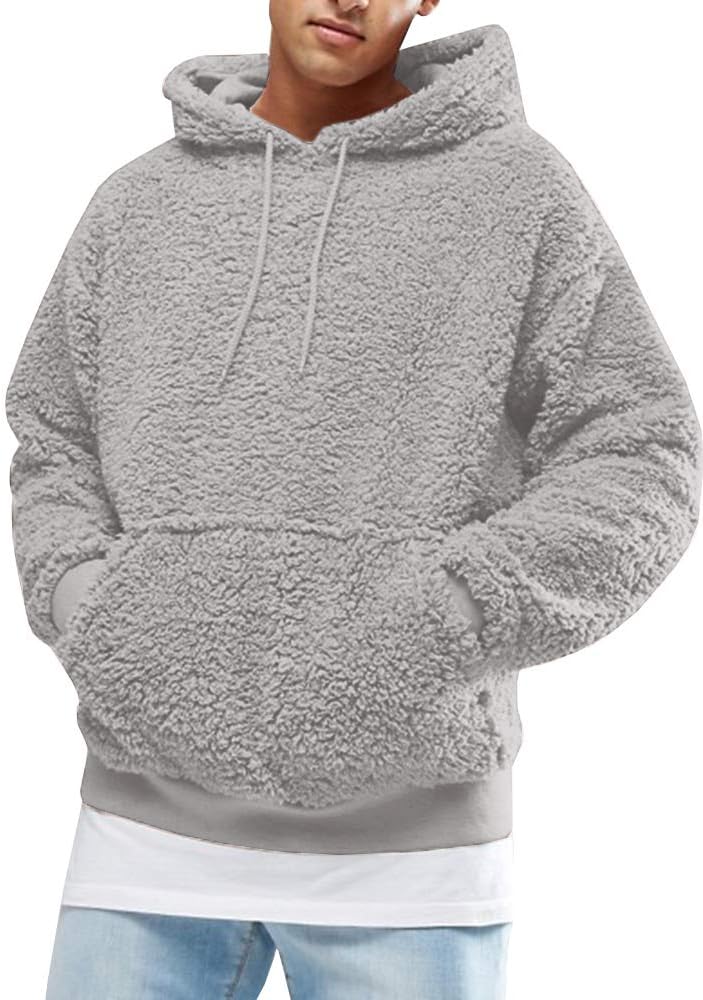 Runcati Mens Fuzzy Sherpa Pullover Hoodie Sweatshirts Long Sleeve Sport Front Pocket Military Fall Outwear Winter Hooded