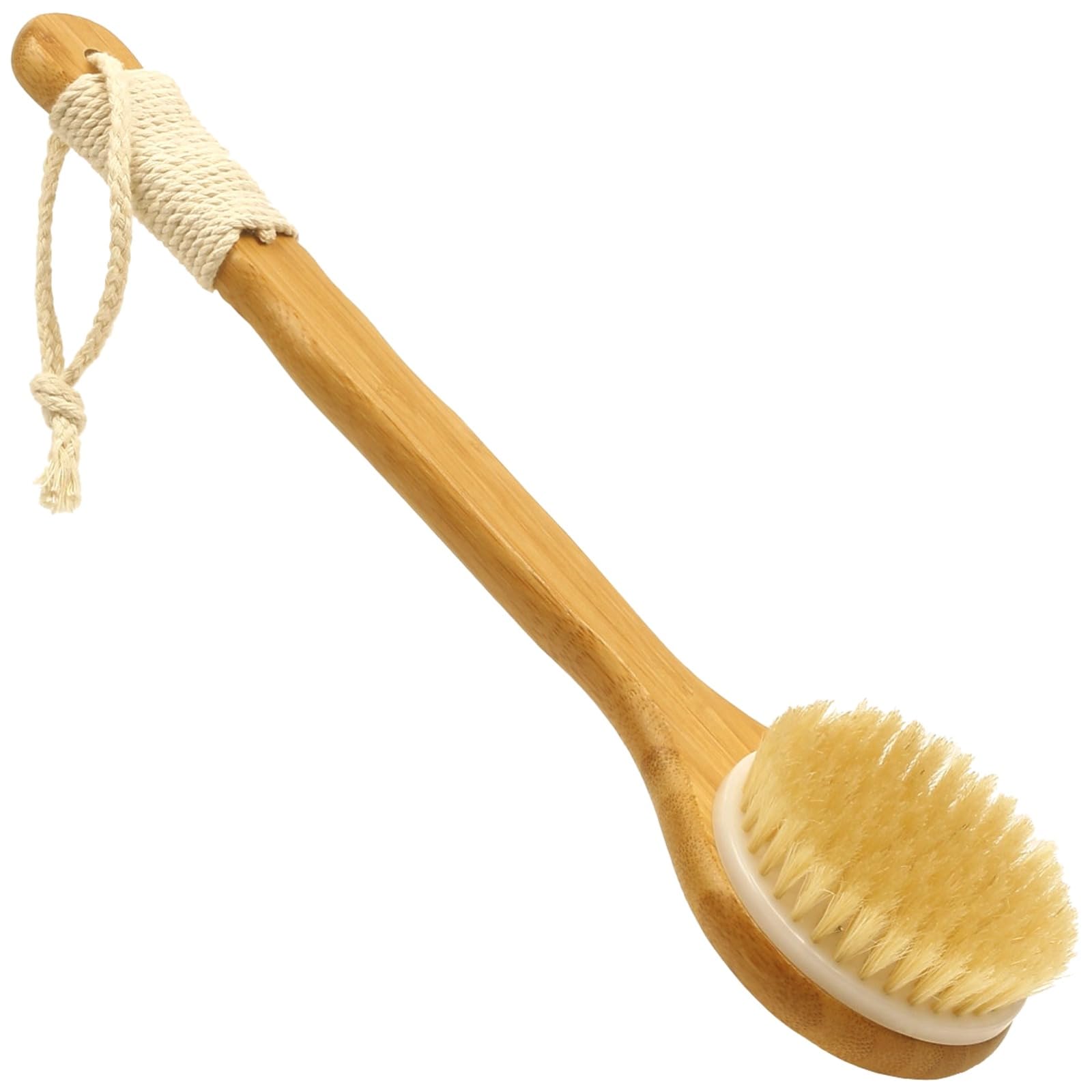 Körperbürste mit langem Griff, festen Wildschweinborsten, 35 cm Reichweite, extra langer Rückenreiniger für die Dusche, gebogener Holzgriff, für nasse oder trockene Anwendung, zum Peeling