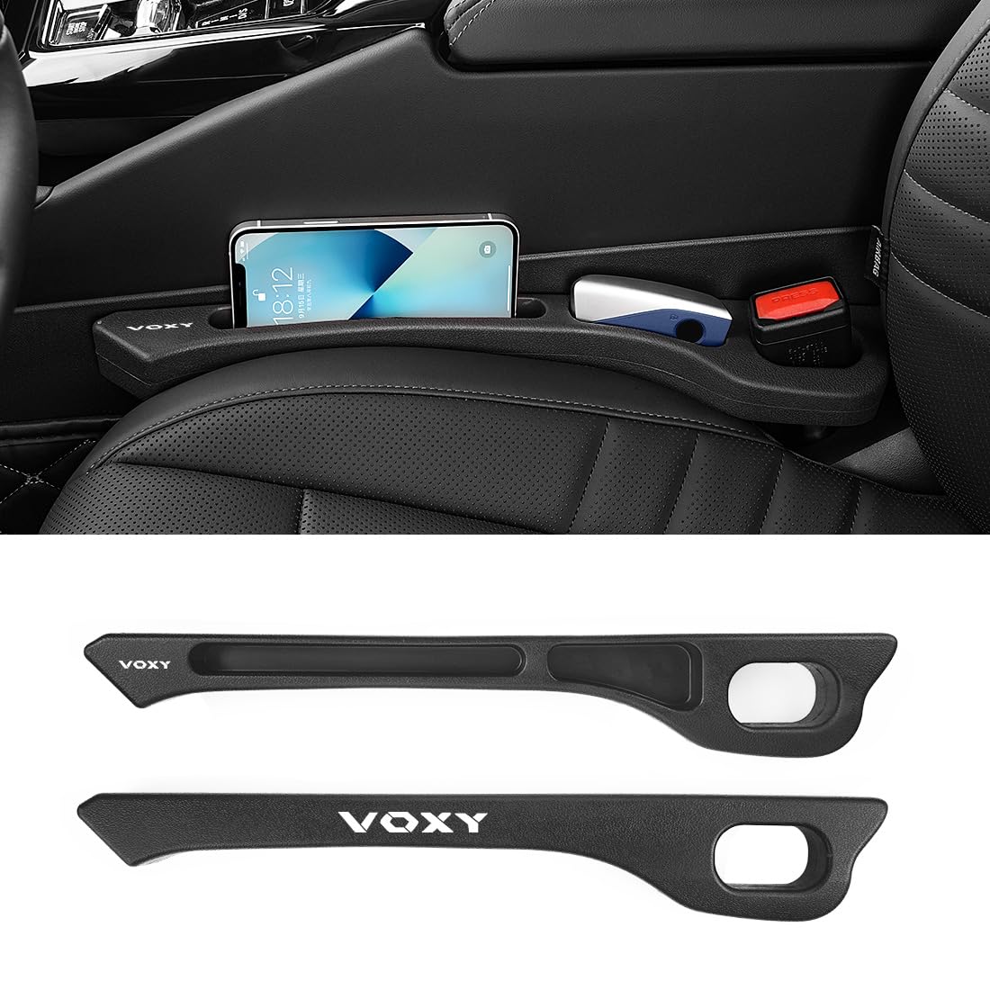 ヴォクシー 専用 隙間クッション 厚型 VOXY専用ロゴ 隙間埋め 車用 シートサイド クッション ヴォクシー VOXY 80系 90系 70系 60系 適用 正・裏面取付可 シート コンソール 隙間収納 落下防止 小物入れ 内装パーツ 運転席+助手席 ロゴ左右対称設計 2本入り (ブラック, ヴォクシー 専用)