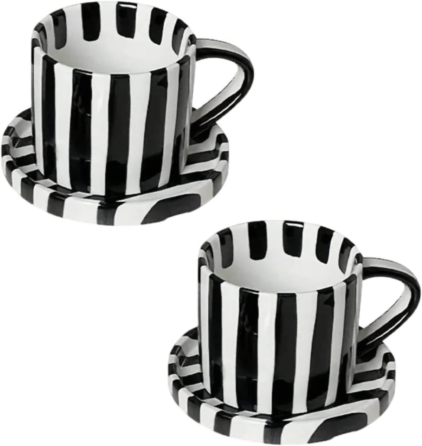 Tea Cup and Saucer, Ceramic 8 oz coffee mug, Dishwasher Safe and Microwave Safe, Black and White, Set of 2