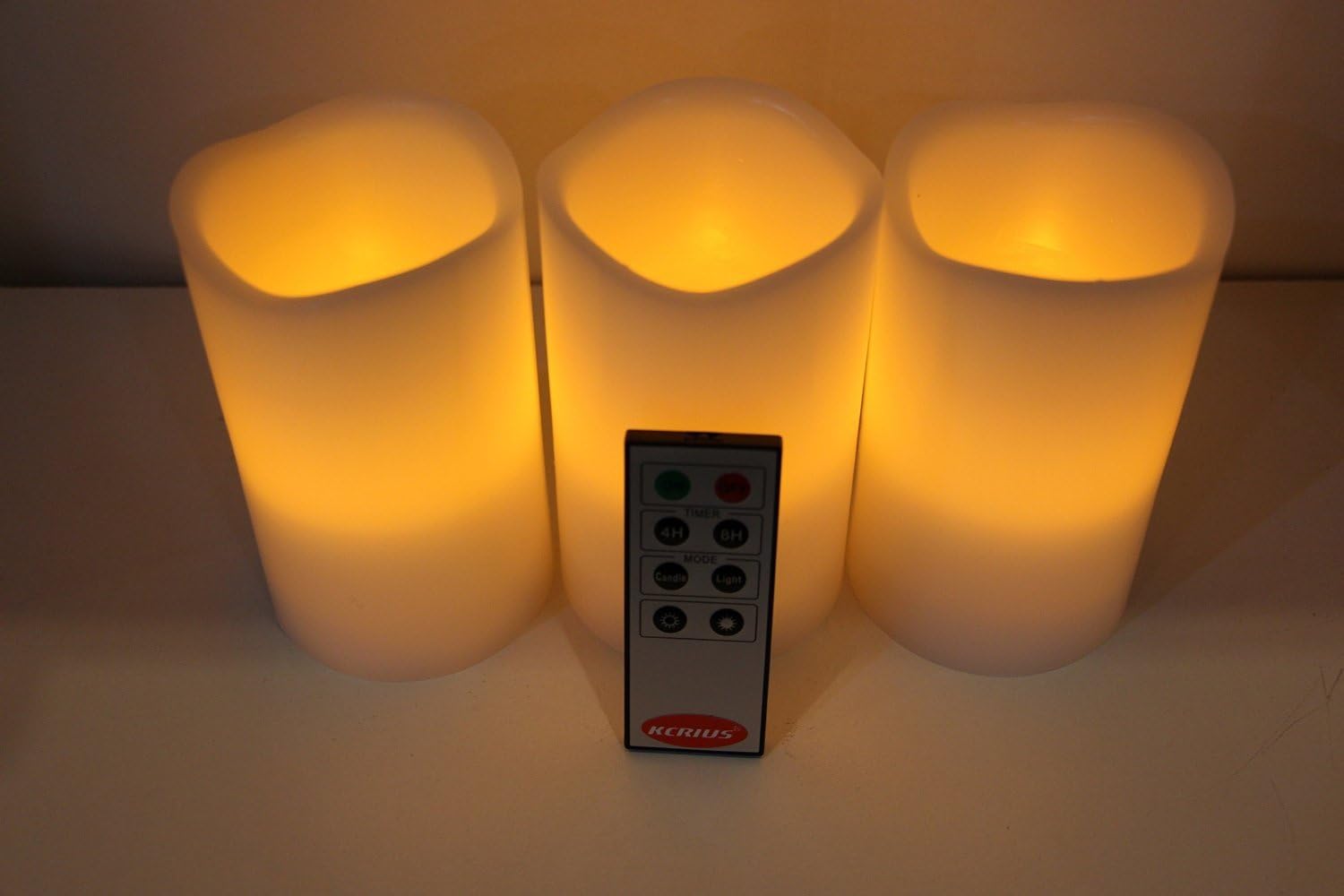 KCRIUS(TM Flameless Candles; LED Candles with Remote Control, Pillar Real Wax Candles, 5-inch,Candles with Melted Egde, Set of 3