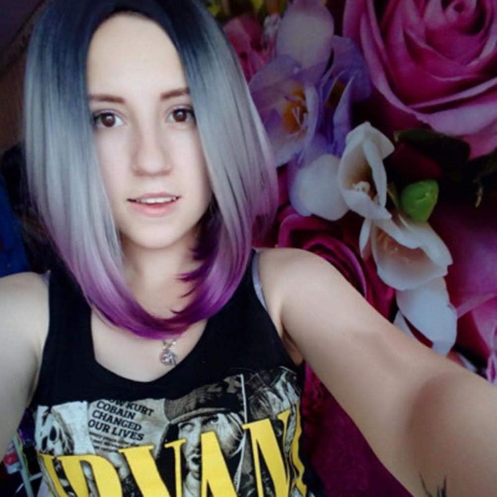 YanT HAIR Synthetic Wigs For Women Straight Bob Wigs Middle Part Ombre 1B/Grey/Purple Color