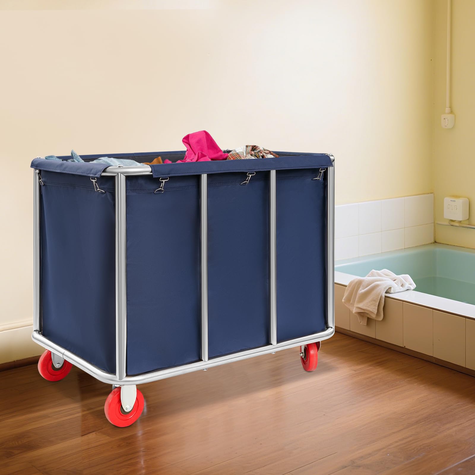 Carro de lavandería comercial de acero inoxidable con ruedas, capacidad de carga de hasta 199 kg, con cubierta Oxford recubierta de PVC, para hotel, hospital, hogar (90 x 65 x 80 cm), color