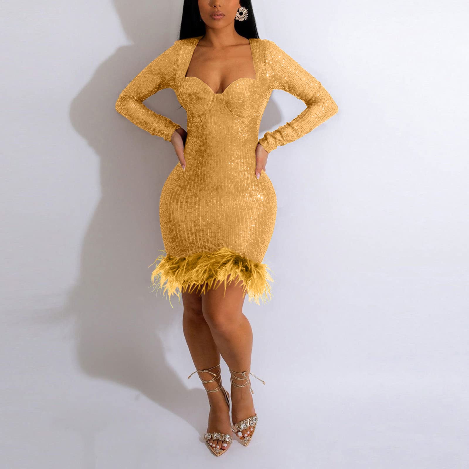 Vestido Lentejuelas Mujer Corto Sexy Curvy Elegante Fiesta Vestido | Brillantes Mujer Ajustado Manga Larga Formales Nochevieja Dress