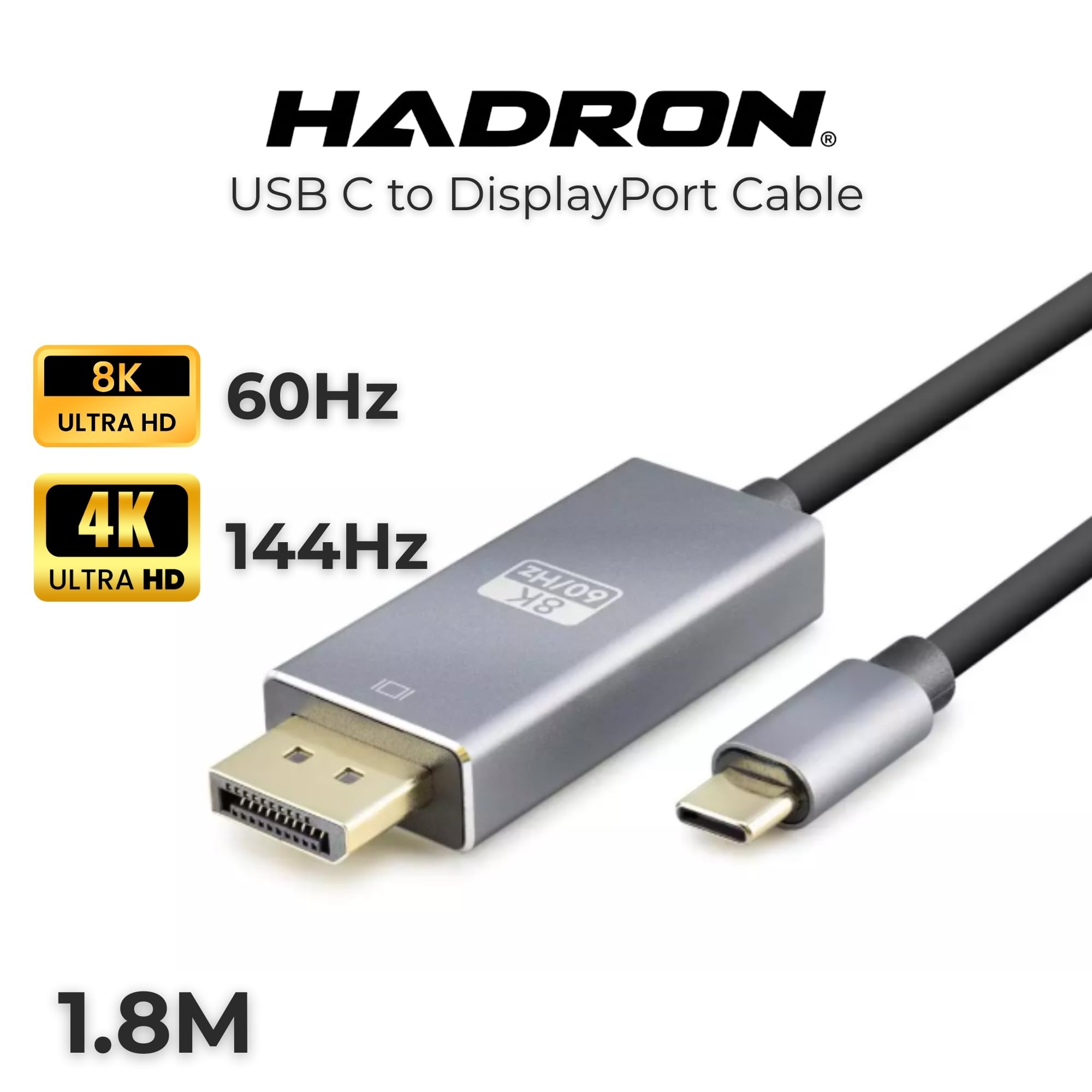 Hadron HDX7859 kabel USB-C na DisplayPort 1.4, 1,8 m - 8K 60 Hz, 4K 144 Hz, kompatybilny z Thunderbolt 3/4, aluminiowa obudowa ze złotymi końcówkami, 1,8 m