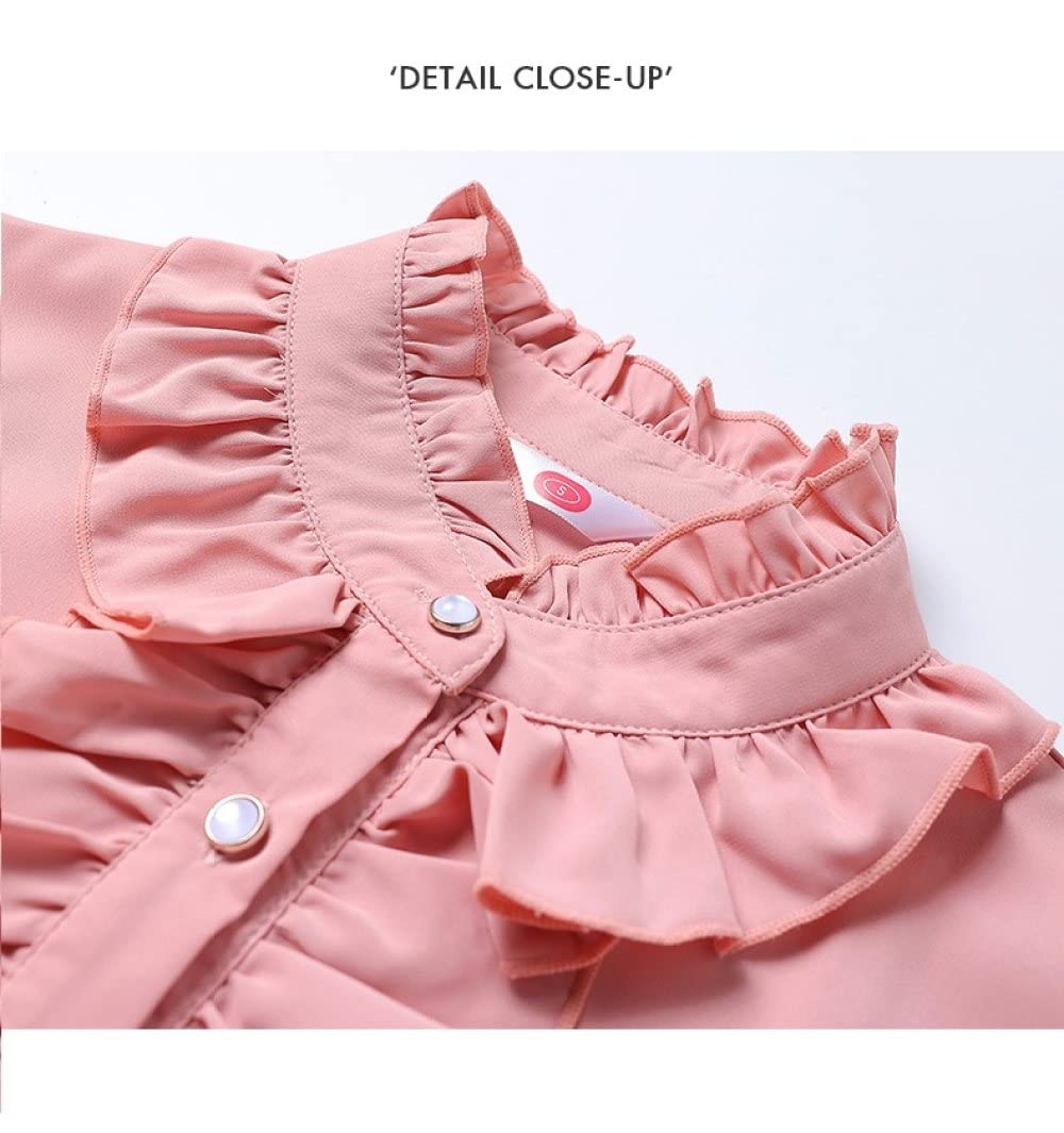 LITTLA Hemd Damen Oberteile, Damen-Chiffon-Langarmbluse Elegant Einfarbig Rosa Mit Rüschen Stehkragen Hemden Oberteile Mode Schmal Button-Down-Blusen Frühling Tunika-Oberteile Für Damen Mädchen