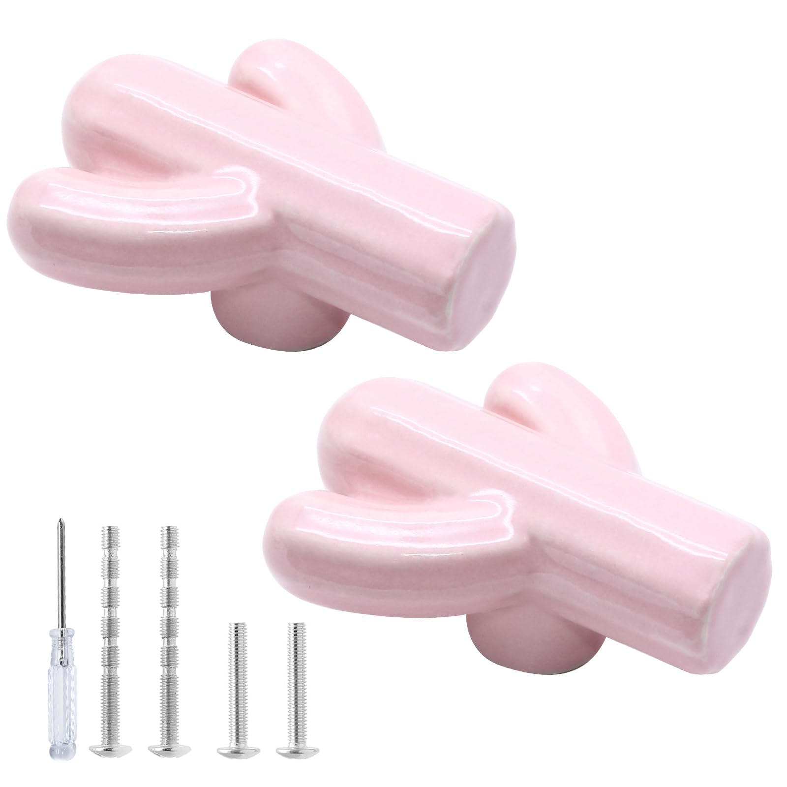 2pcs Ceramic Cabinet Knobs Light Pink Drawer Knobs, Cactus Shaped Dresser Knobs Cute Kitchen Cabinet Pull Handles, Small Vanity Knobs Hardware Closet Cupboard Knobs for Kids Girls Bedroom