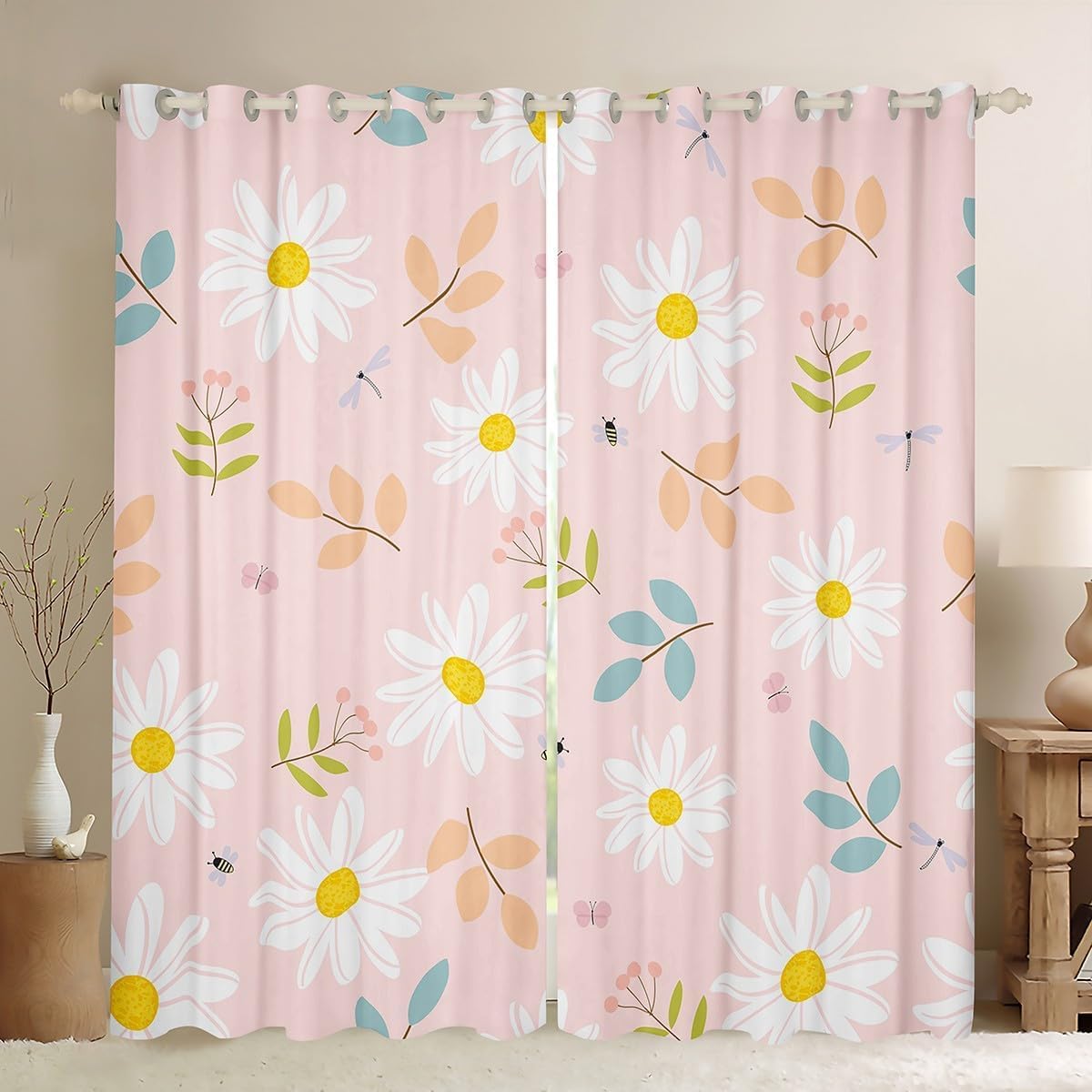feelingyou Daisy Flowers Blackout Curtains,Cartoon Leaf Curtain,Bee Butterfly Window Drapes for Kids Teens Boys Young Man,Modern Bedroom Decorative,Spring Theme Curtain,66Wx72L