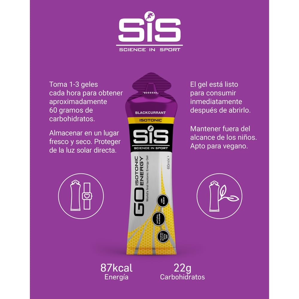 Science in Sport GO Isotonic Energy Gel 30x60ml Grosella negra, Vegano - Formulación isotónica con 22g de carbohidratos, Buen aporte de energía, Alternativa ideal a las bebidas isotónicas