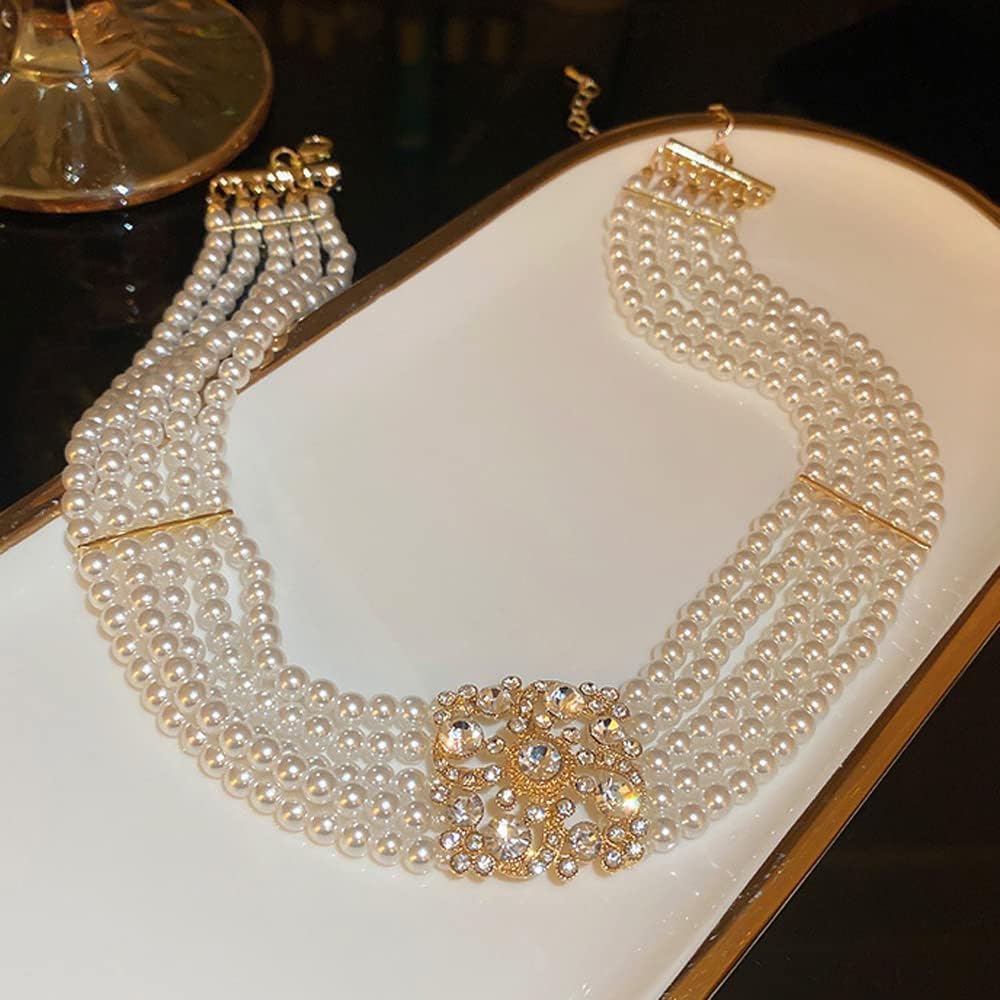 Octwine 1920s Dainty Boho Rhinestones Pearls Short Choker Necklace Chain Multilayer Choker Necklaces - Image 5