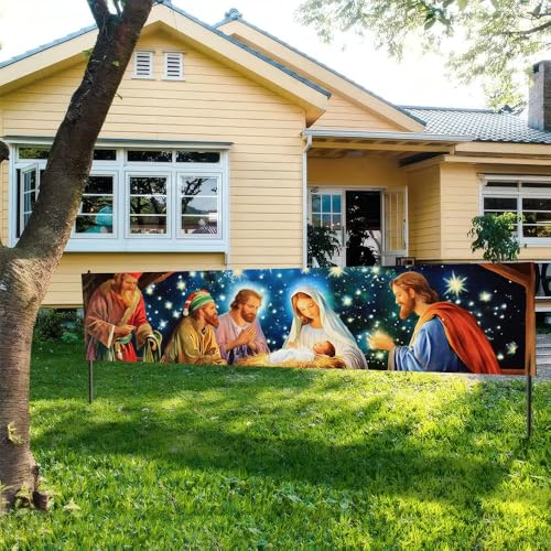 Image of Christmas Starry Night Outdoor Banner 78.7 x 17.7 Inch Peaceful Glow Sky with Warm Lights and Festive Stars Elegant Holiday Backdrop for Yard Porch Garden Fence or Home Decoration