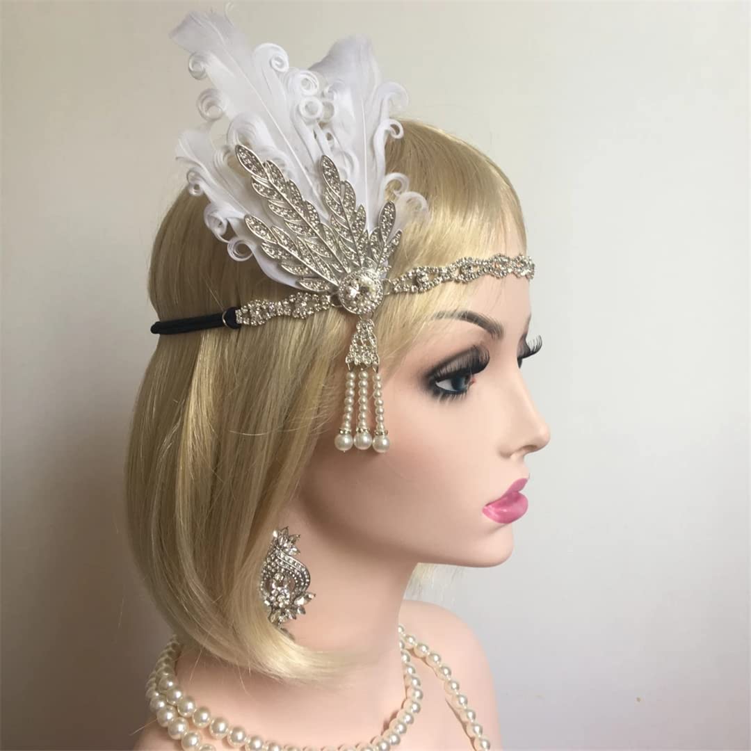 Damski ślubny fascynator z piór, Damska opaska na głowę z piórami w stylu vintage, opaska na włosy z kryształkami z lat 20. XX wieku, dekoracja na czoło(Style 6,1 count (Pack of 1))