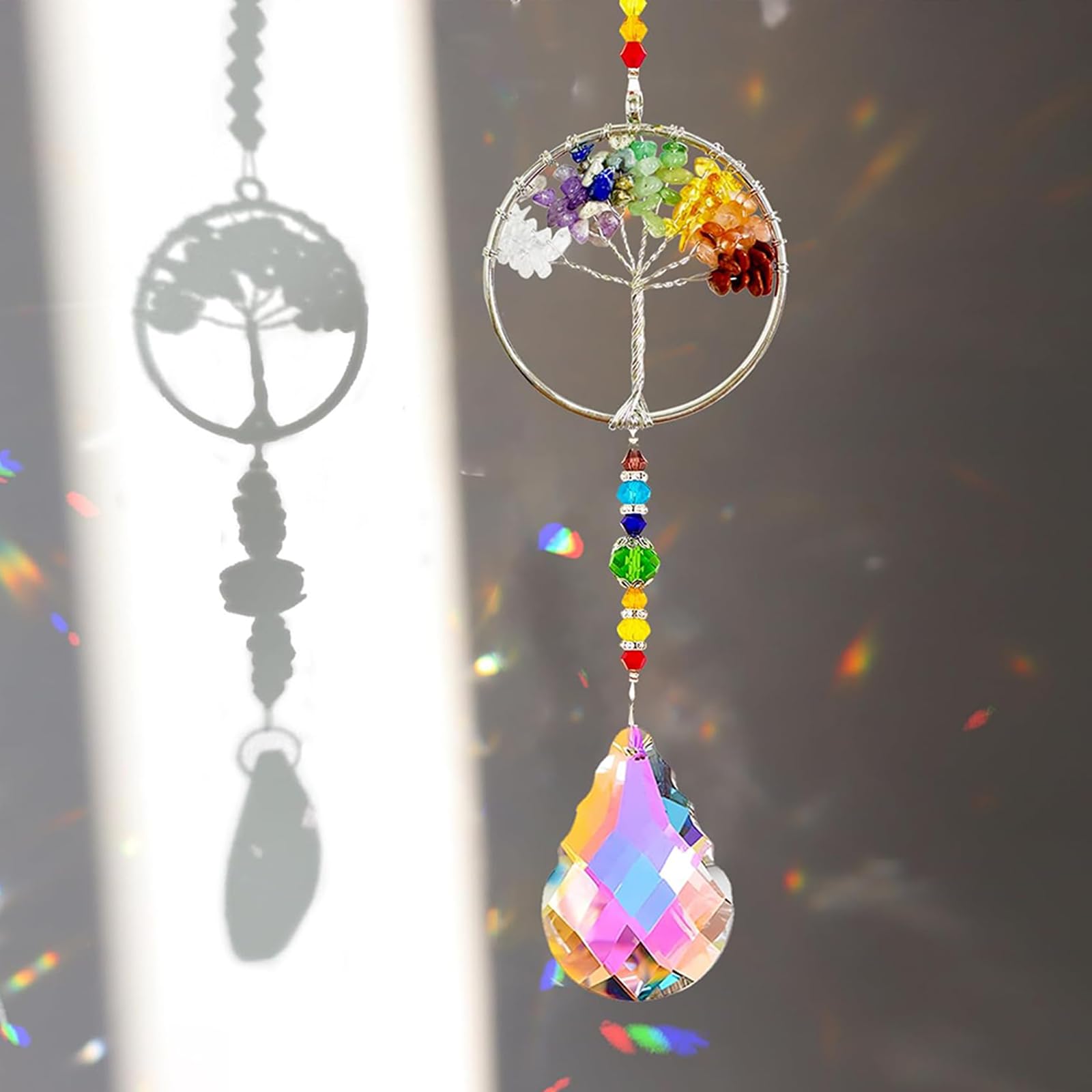 Attrape-soleil Cristal Arbre De Vie 36 Cm - Pendaison Colorée, Décoration Fenêtre, Effet Arc-en-ciel