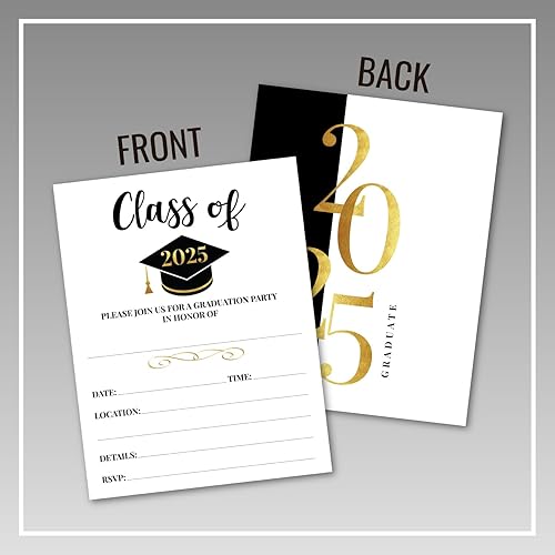 Miniatura 4 de Invitaciones de fiesta de graduación doradas y negras 25 a 2025 con sobres para universidad, escuela secundaria, celebración o anuncio de graduación