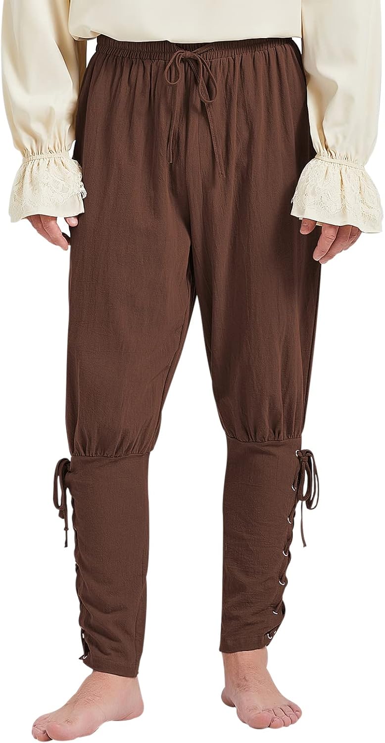 Men’s Pirate Pants Ankle Banded Renaissance Pant Medieval Viking Navigator Pants Halloween Costume Cosplay with Drawstrings