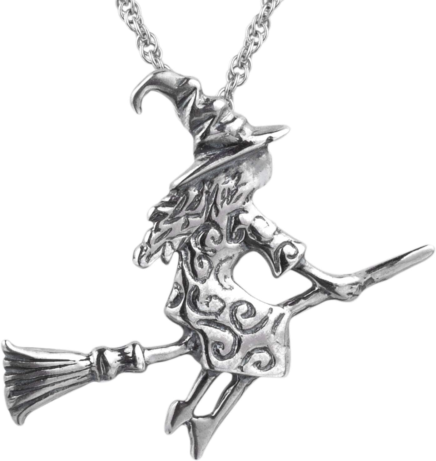 Witch on Broom Necklace 925 Sterling Silver - Witches Charm Pendant with Singapore Chain 18 Inch - Gothic Wiccan Halloween Accessories Gifts for Women Girls - Handmade Jewelry