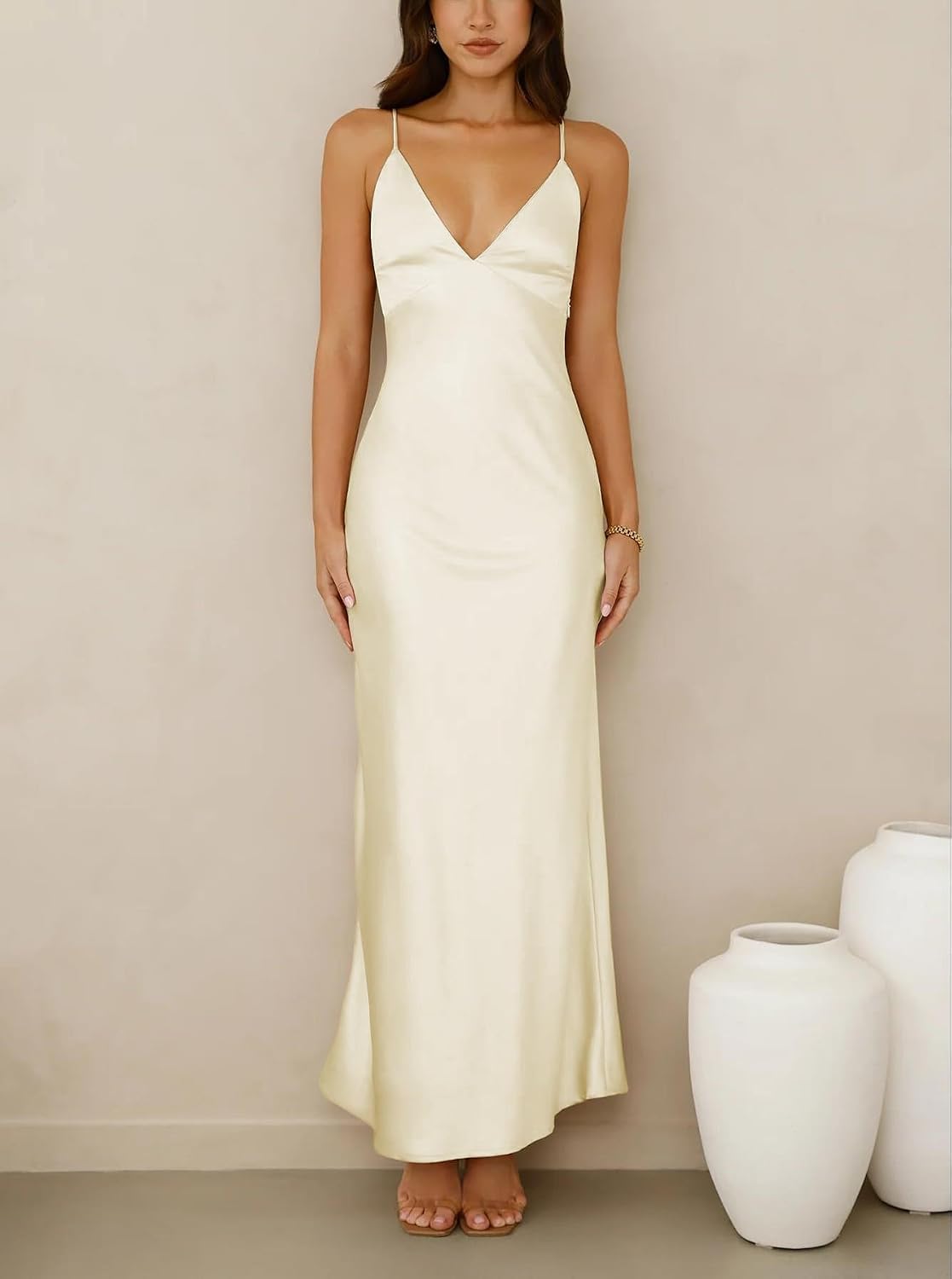 Summer Satin Spaghetti Strap V Neck Backless Midi Dresses for Women Wedding Guest Elegant Tie Back Cocktail Dress