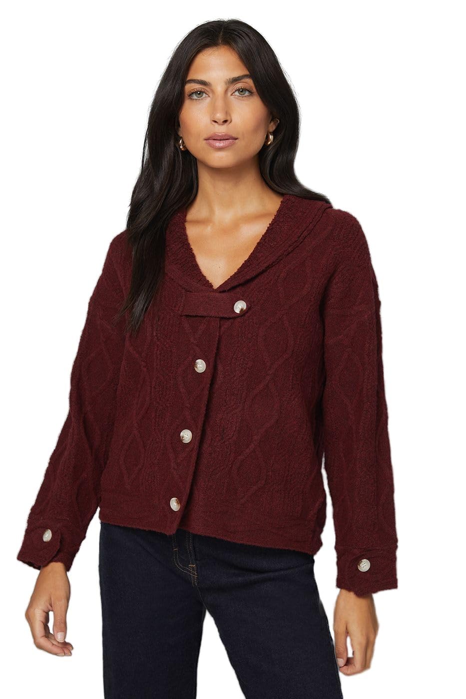 Wallis Shawl Collar Cable Cardigan, M, Burgundy