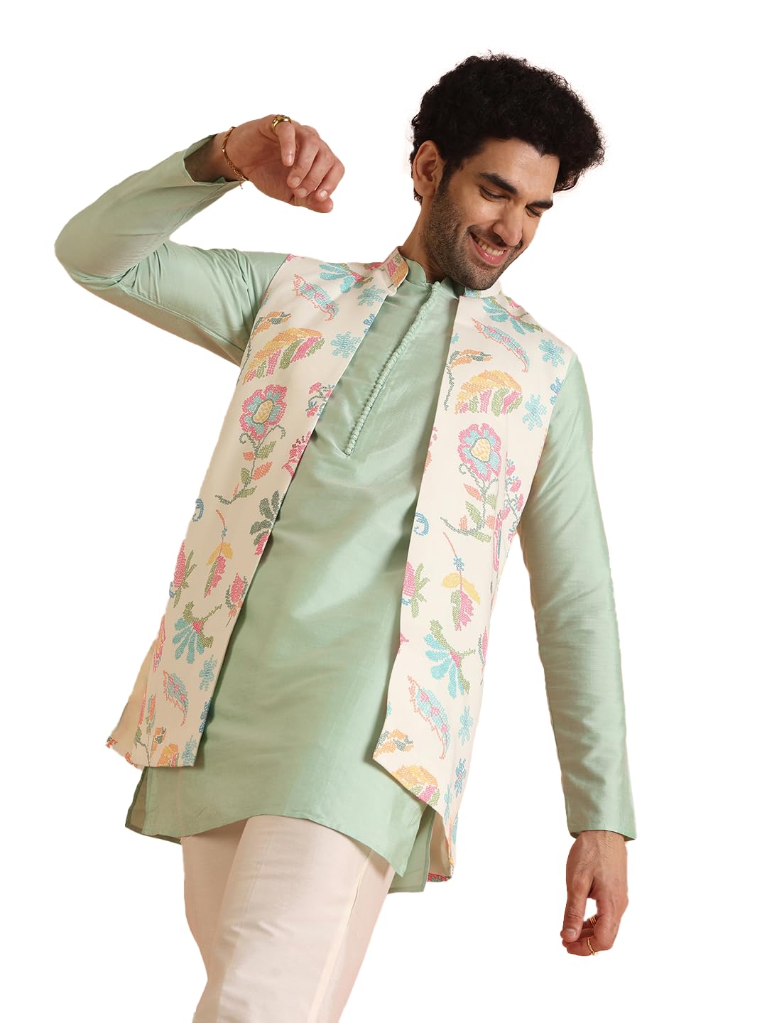 Kisah Cotton Blend Kurta Jacket Trouser Set For Men | Nehru Jacket Waistcoat Kurta Set With Trousers | Mens Ethnic Collections-Ka-0975-5574-T301-44-Multi