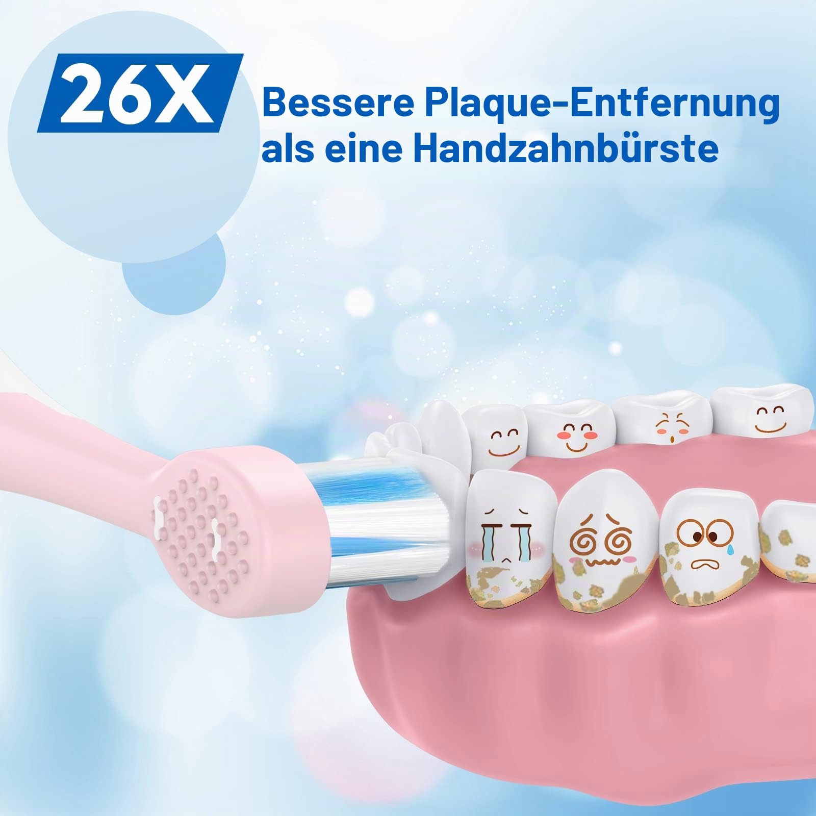 Elektrische Zahnbürste Kinder ab 3-12 jahre Kinderzahnbürsten Elektrisch Smart Timer 6 Weich Bürstenköpfes Wasserdicht Schallzahnbürste für Mädchen Jungen (rosa)