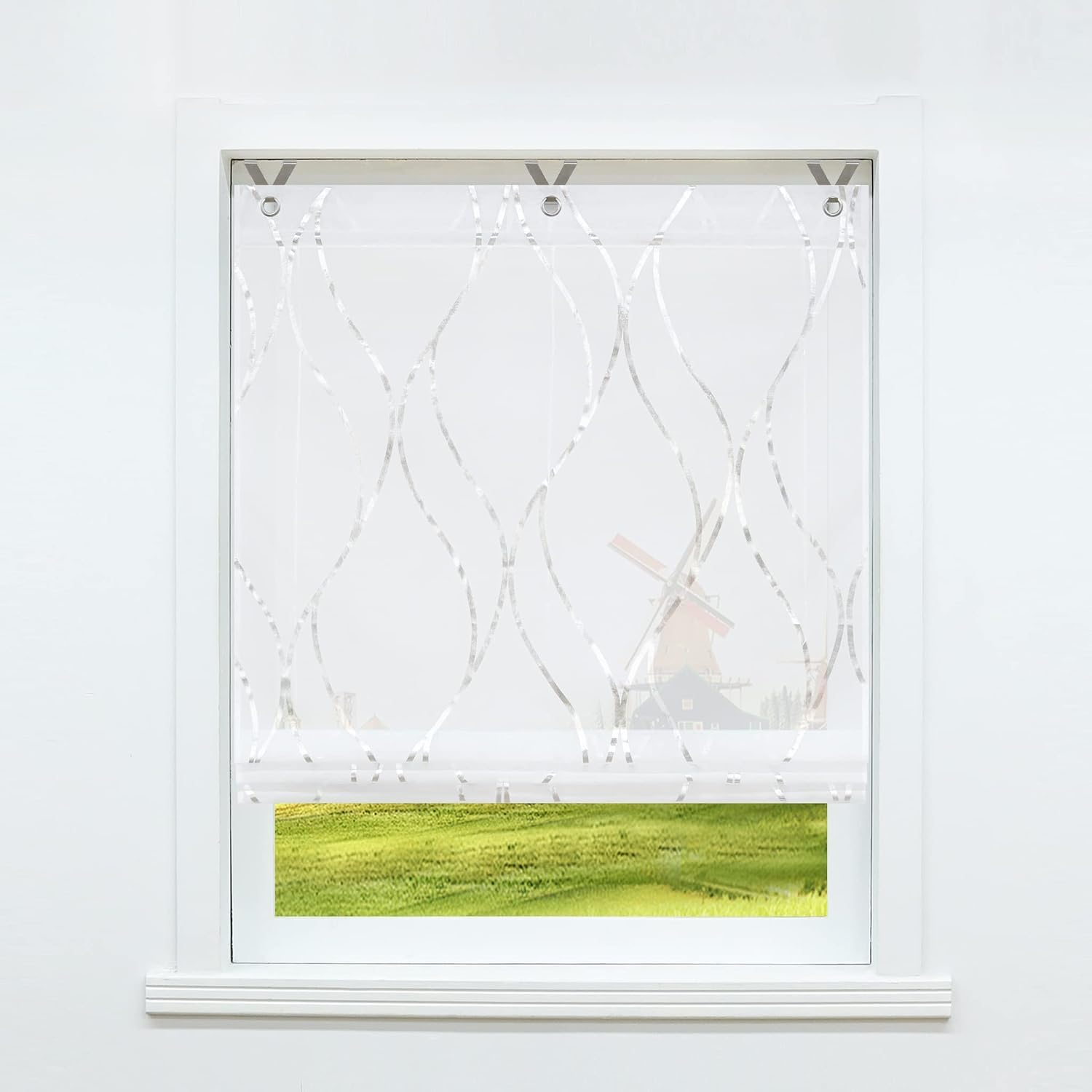 Store bateau à œillets - Transparent - Avec impression ondulée - Moderne - Argenté - 120 x 130 cm - 1 pièce