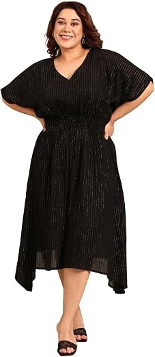 The Pink Moon Women's Maxi Plus Size Black and Gold Lurex Dress with Waist Smocking Dress - (DRS_SMKING_GOLDLX)