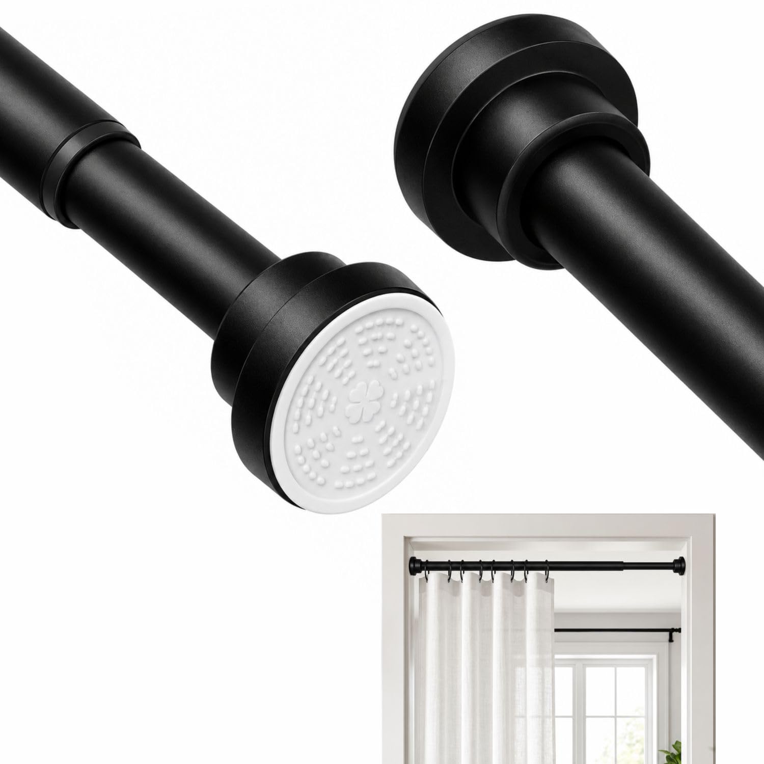JIALTO Adjustable Bathroom Shower Curtain Rod 155 To 295 Cm Extendable Shower Tension Rod | Without Drill for Wall Anti-Skid Spring Pull Door | Telescopic Shower Curtain Stand (BLACK - 1 Pcs)