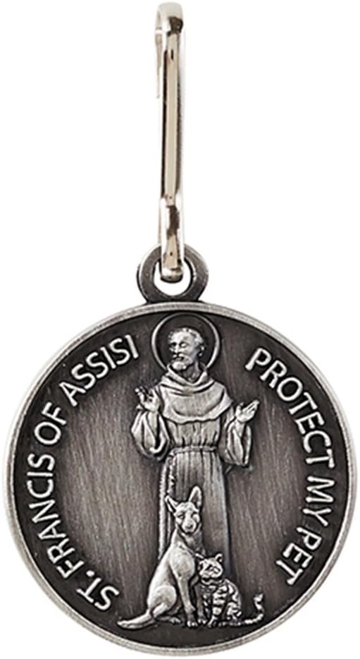 Silver Toned Saint St Francis Protect My Pet Collar Medal with Blank Back, 1 Inch