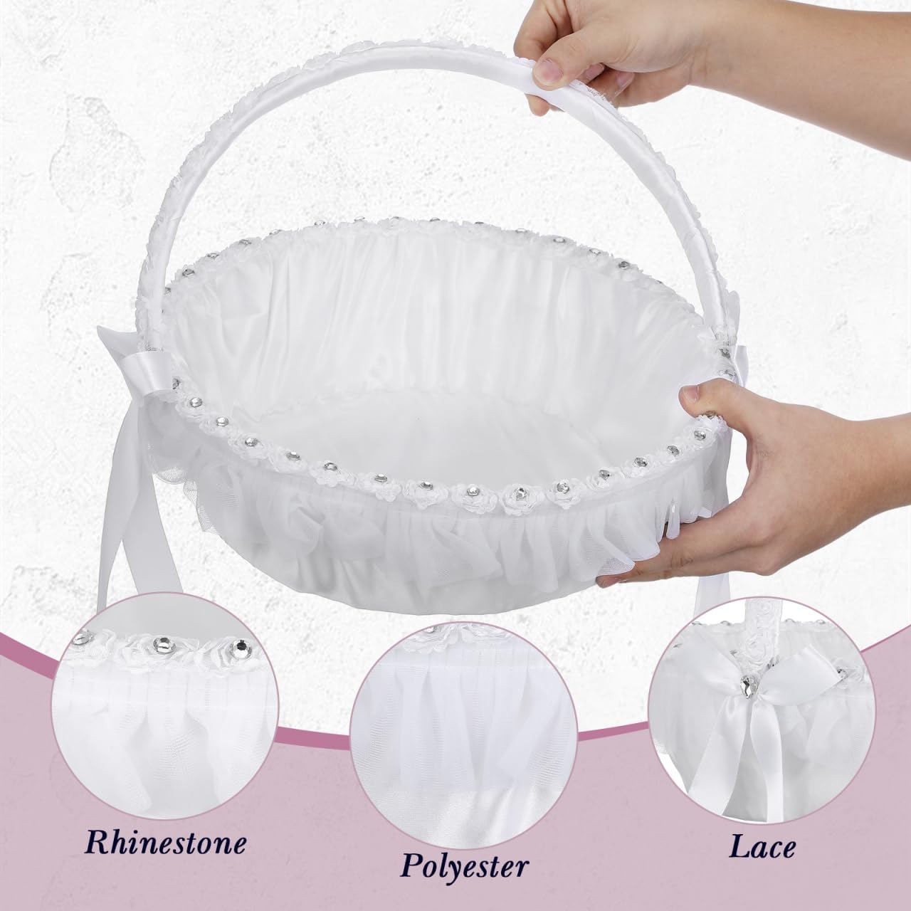 STOBAZA White Flower Girl Basket for Wedding, Lace Handle Bowknot Fairy Petal Basket for Girls and Kids, Wedding Decoration and Party Supplies
