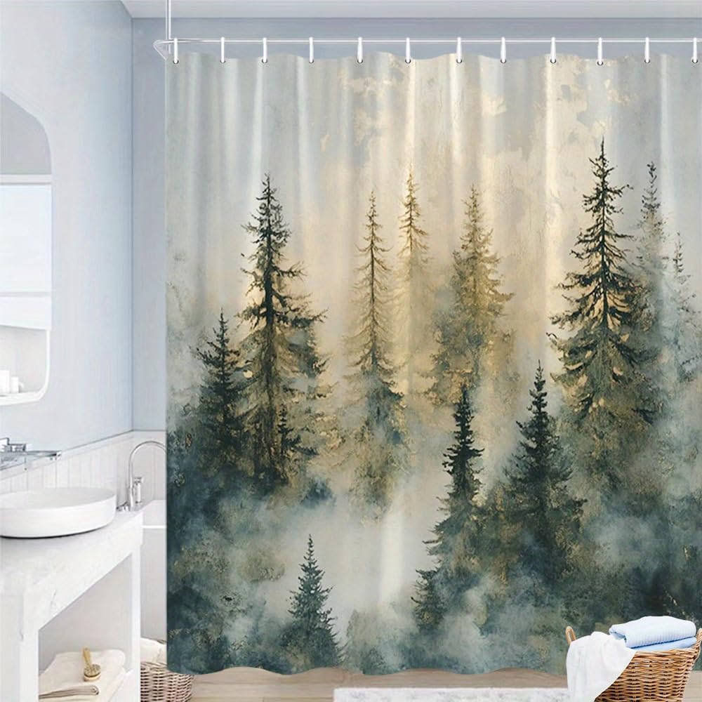 Glwdmb E-17 1 Piece 180X180cm Misty Pine Forest Printed Shower Curtain With Hook, Polyester, For Windows And Walls, Bathtub, Bathroom, Machine Washable, All Season Universal