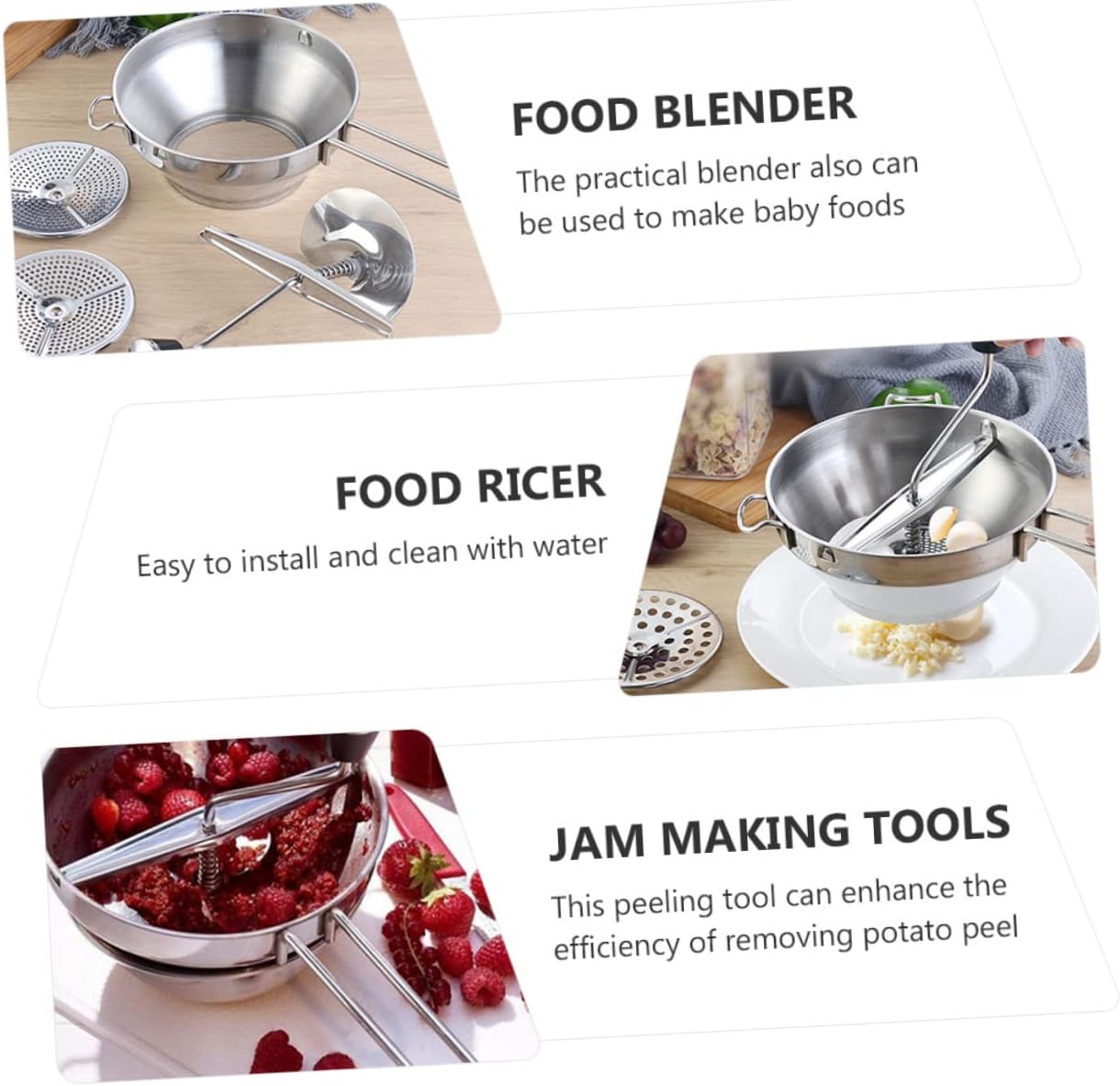 LABRIMP Stainless Steel Food Ricer and Jam Maker Manual Vegetable Masher for Food Soups Sauces Ergonomic Design Non-slip Handles for Easy Pureeing and Grinding